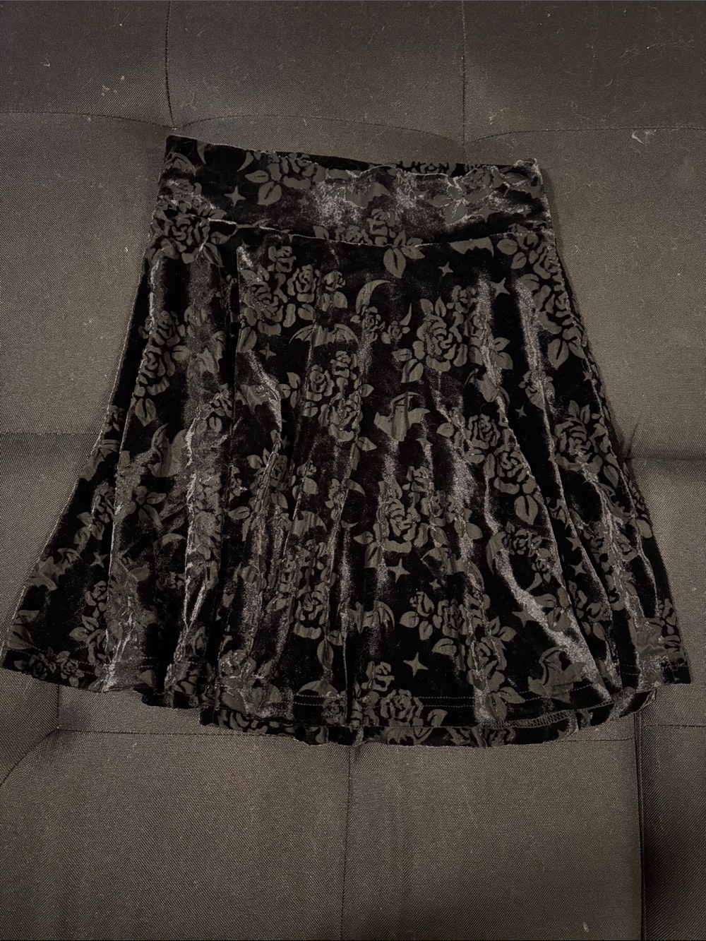 Killstar Black Velvet Floral and Bats Burnout Velevet Skirt